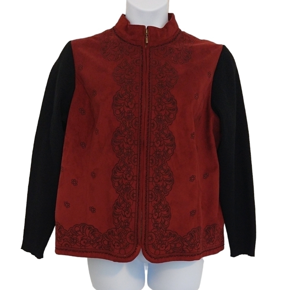 Coldwater Creek Maroon Black Faux Suede Embroidered Zip Jacket Mixed Media